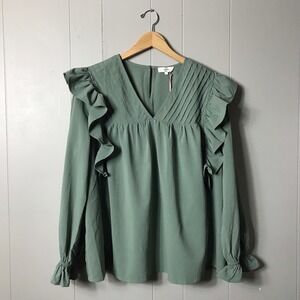 ENTRO GREEN PLEATED V NECK RUFFLE COTTAGECORE BLOUSE LONG SLEEVE WOMENS LARGE